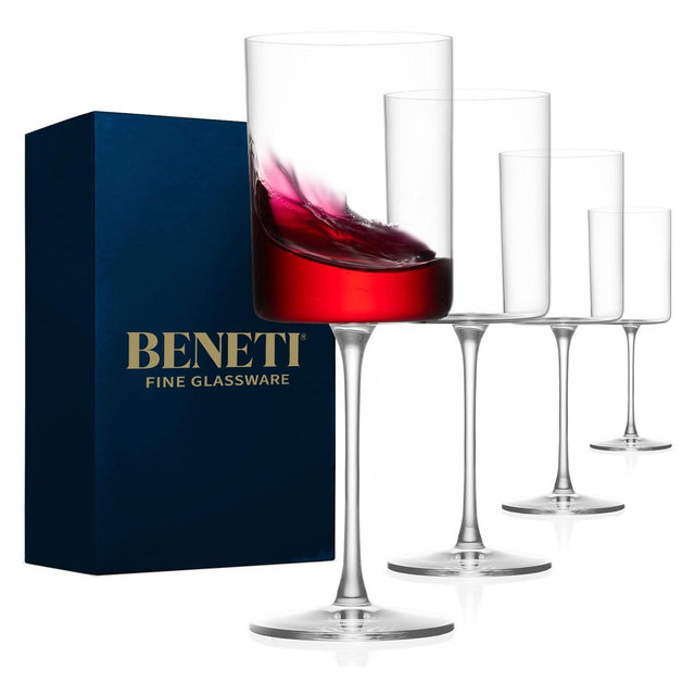 BENETI Large Square Wine Glass Set of 4, 17 oz, Laser-Cut Rim Dishwasher-Safe