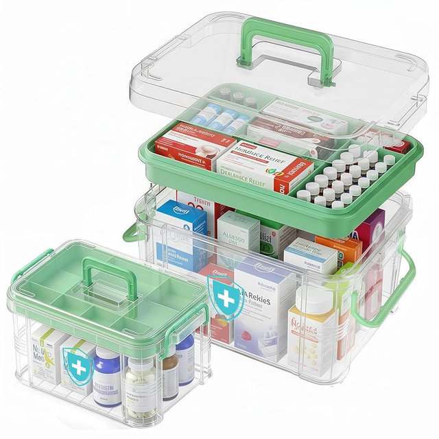 ANYPROLUS 2 Pack Clear Medicine Organizer Box with Handle, Plastic Medicine Container with Tray First Aid Box Empty, Thickened Medicine Storage Organizer Multipurpose Medication Organizer Storage