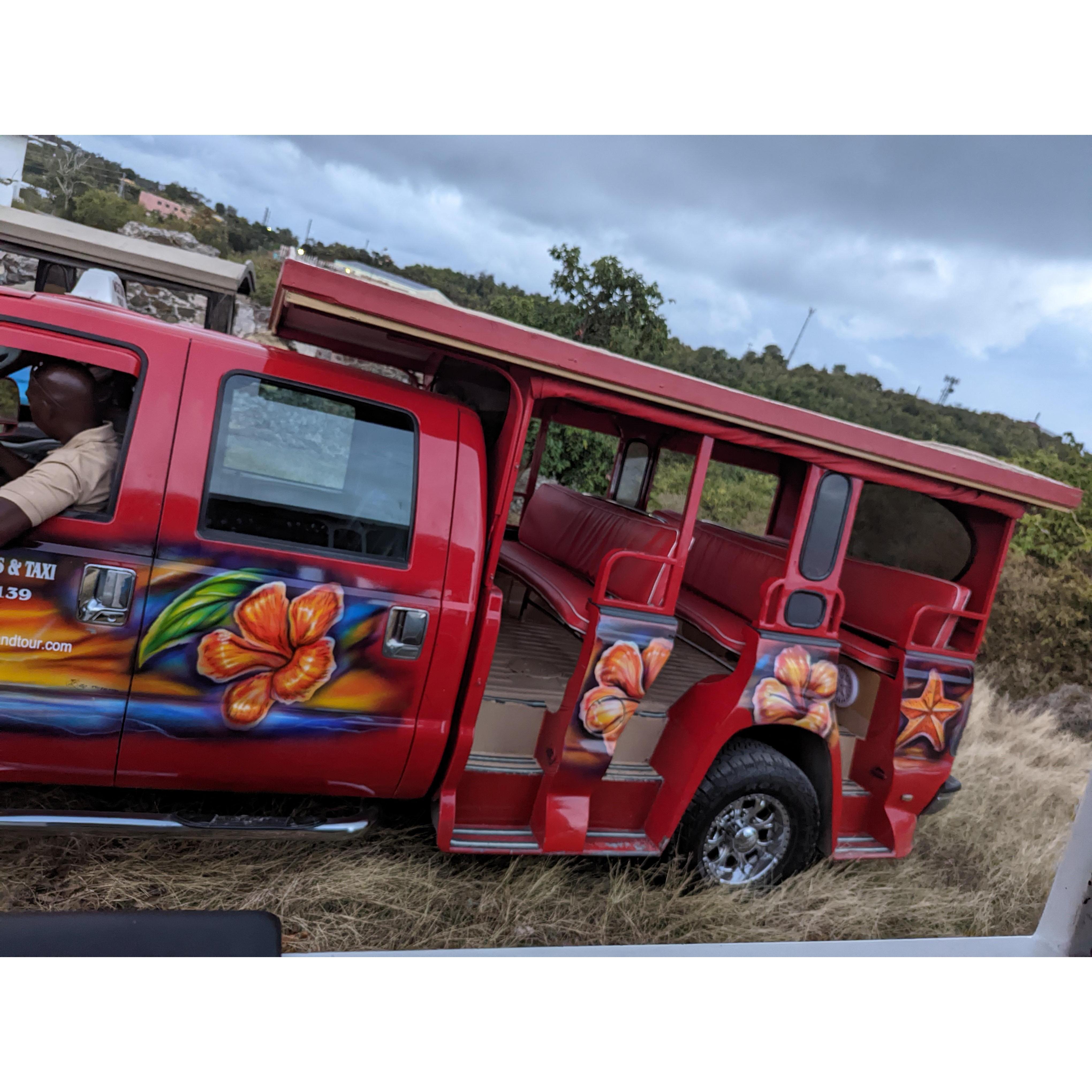 Open air shuttle buses. They cost anywhere from $5-$10 per person. You'll see them at every popular location, beach entrance, and they will even pull over on the side of the road if you're walking