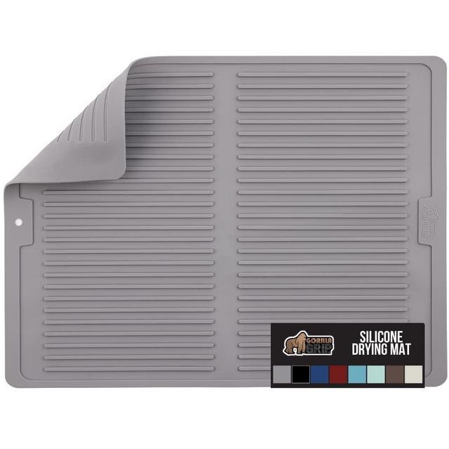 Gorilla Grip Oversized Dish Drying Mat, 18x24, Food Grade Silicone, Better Aeration, No Condensation, Quick Dry Slip Resistant Kitchen Mats, Raised Edges Help Prevent Water on Counter, Gray