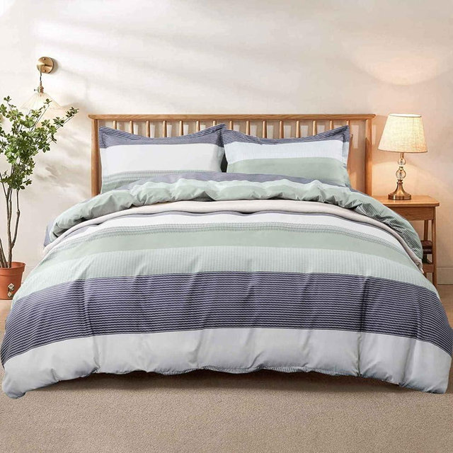 Nanko King Duvet Cover Set 3pc 104x90 Gray Mint Green Striped Pattern Printed Luxury Microfiber Comforter Quilt Bedding Cover with Zipper Closure Ties - Modern for Men and Women Chambray