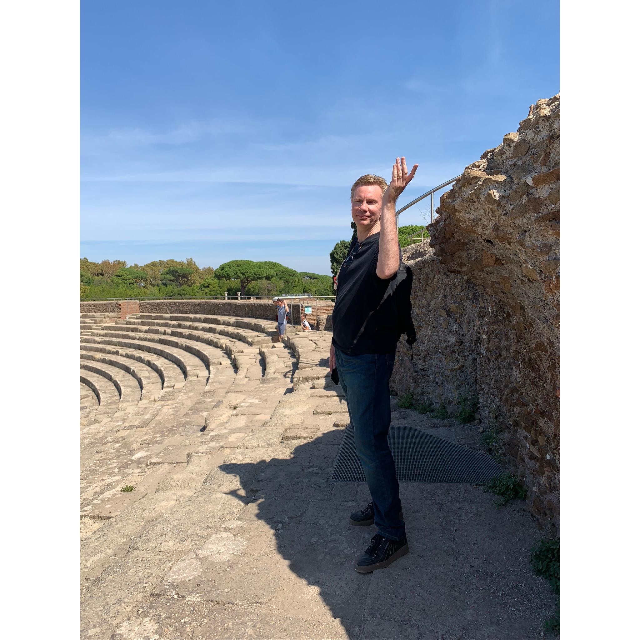 Robert channeling his inner Plautus at the amphitheatre in Ostia Antica.