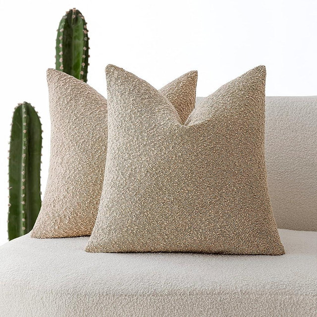 Foindtower Pack of 2 Textured Boucle Throw Pillow Covers Accent Solid Pillow Cases Cozy Soft Decorative Couch Cushion Case for Chair Sofa Bedroom Living Room Home Decor, 18 x 18 Inch,Camel