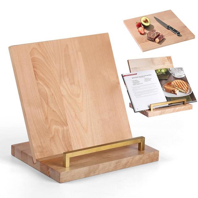 Cookbook Stand with Removable Cutting Board – Adjustable Recipe Book Holder, Charcuterie Board & Kitchen Serving Tray, Kitchen Counte Decor/Maple Wood