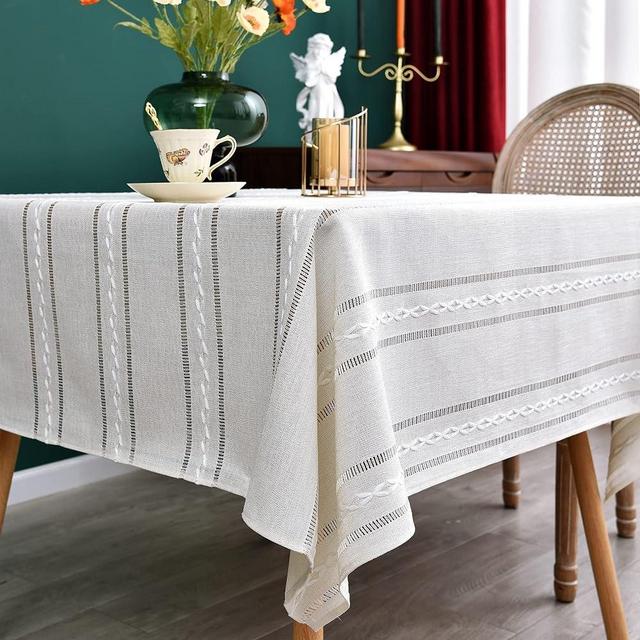 NEWISHER Rustic Farmhouse Embroidered Square Tablecloth Jacquard Striped Table Cloth Linen Washable Dining Table Cover Kitchen Dining Home Decoration 70x70 inch
