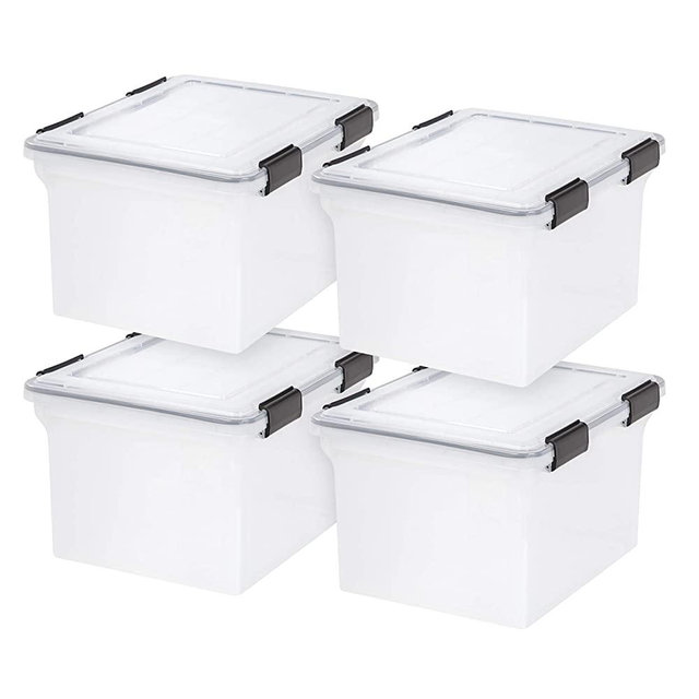IRIS USA 32 Quart Weathertight Plastic Storage Bin Tote Organizing Container with Durable Lid and Seal and Secure Latching Buckles, 4 Pack