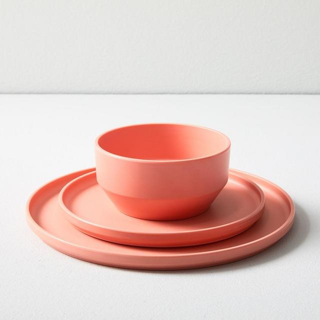 Modern Melamine Salad Plate & Dinner Plate & Cereal Bowl, Pink Grapefruit, Set of 12