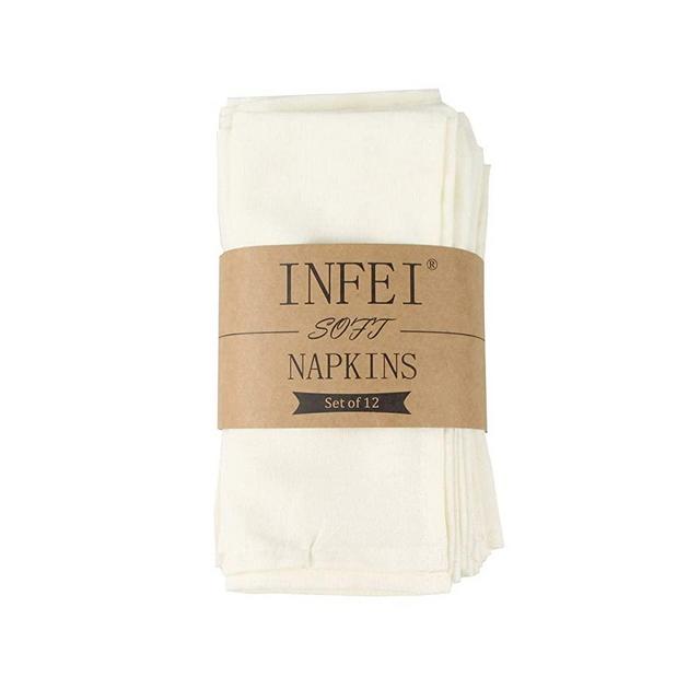 INFEI Soft Solid Color Linen Cotton Dinner Cloth Napkins - Set of 12 (40 x 40 cm) - for Events & Home Use (Cream)