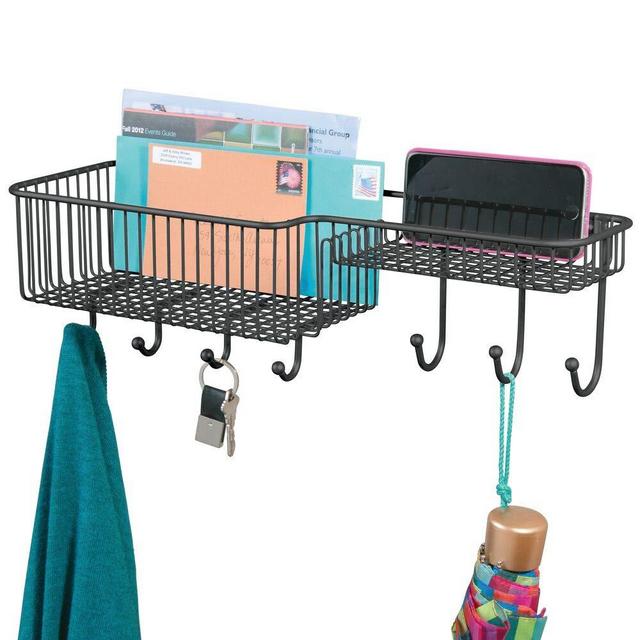 mDesign Metal Wire Wall Mount Entryway Storage Organizer Mail Basket Holder with 7 Hooks, 2 Compartments - for Organizing Letters, Magazines, Keys, Coats, Leashes - Black
