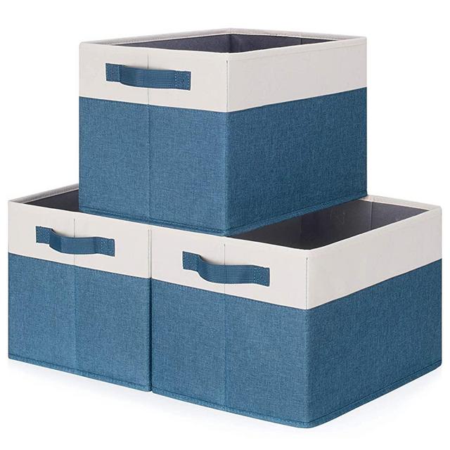 Lifewit Storage Bins Fabric Storage Baskets Collapsible 3 Pack Cube Boxes Shelves Organizers with Sturdy Handles for Closet Living Room Bedroom, 15×11×9.6 in, Blue