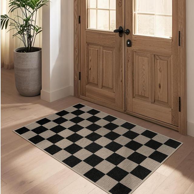 Rugalia Easy Jute Checkered Entryway Rug, 2.6x4 Black Modern Indoor Outdoor Doormat, Washable Non-Slip Neutral Kitchen Rug Farmhouse Checkerboard Throw Rugs for Entrance Bedroom Bathroom