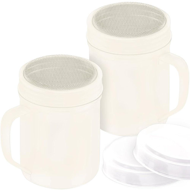 CUSINIUM 6 Ounce Ivory Powder Sugar Shaker With Handle - Fine Mesh - With Plastic Cap - Pack of 2