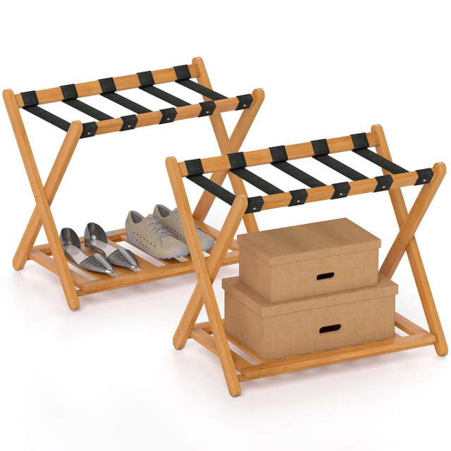 Costway Folding Luggage Racks Set of 2 with Storage Shelf & 5 Nylon Straps Luggage Holder