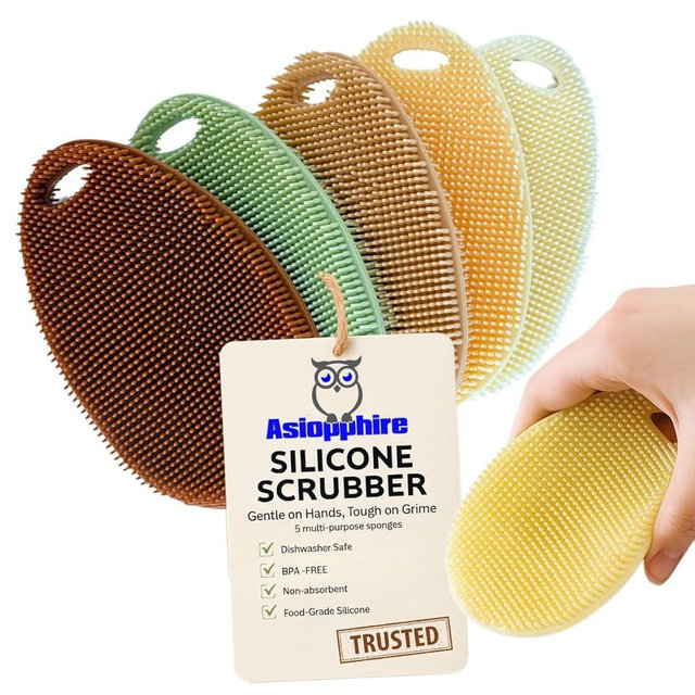 Silicone Sponge Dish Scrubber - Food Grade and Housecleaning - BPA Free Silicone Kitchen Scrubber [5 Pack Ovals Fall]