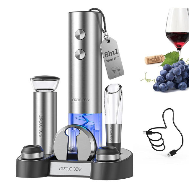 CIRCLE JOY Electric Wine Bottle Opener Set Stainless Steel Rechargeable Wine Opener 8-in-1 Wine Gift Set with Charging base, Foil Cutter, Wine Aerator Pourer, Vacuum Pump & 2 Wine Stoppers, Silver