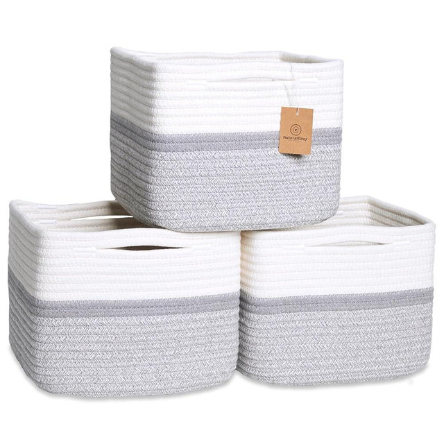 NaturalCozy Storage Cubes 9”x9”x7”Cotton Rope Woven Baskets for Organizing 3-Pack | 9 Inch Cube Storage Bin | Small Basket for Shelf Nursery, Pantry, Decorative Plant, Bathroom Closet, Toy Gift