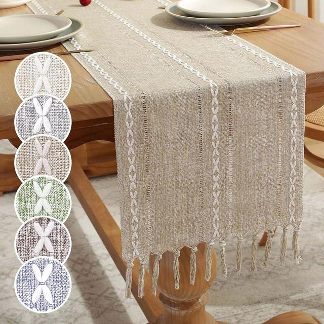 GSG Farmhouse Table Runner Boho Style Linen 90 Inch Long, Handmade Rustic Table Runner with Tassels for Holiday Party Dining Room Kitchen,13“ x 90” Long Dresser Scarf,Khaki