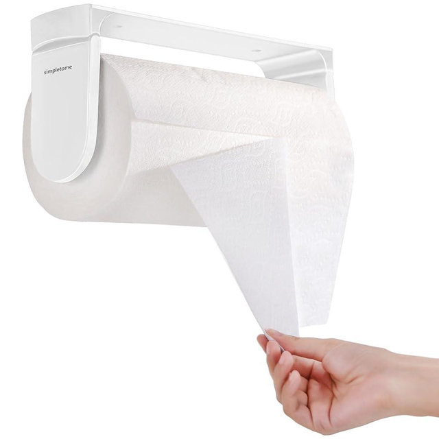 simpletome ONE HAND TEAR Paper Towel Holder Under Cabinet Adhesive or Drilling Installation Aluminum Alloy + ABS (White)
