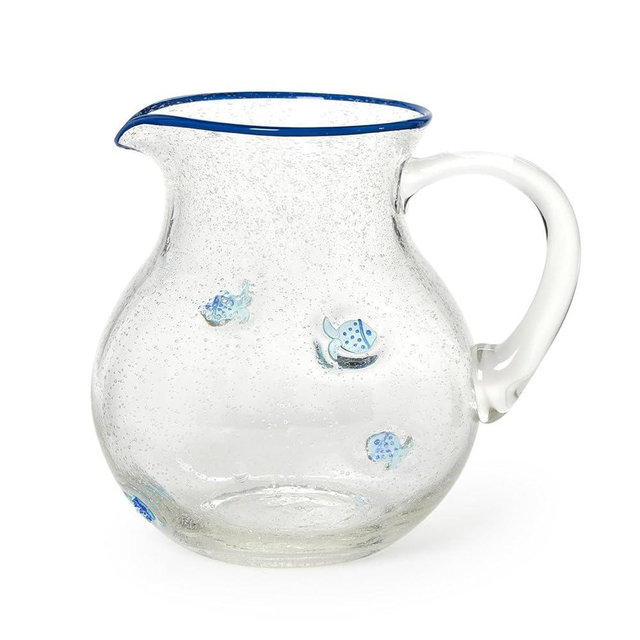 Two's Company Fish Clear Bubble Serving Pitcher with Hand-Painted Rim, 100-Ounce, Glass
