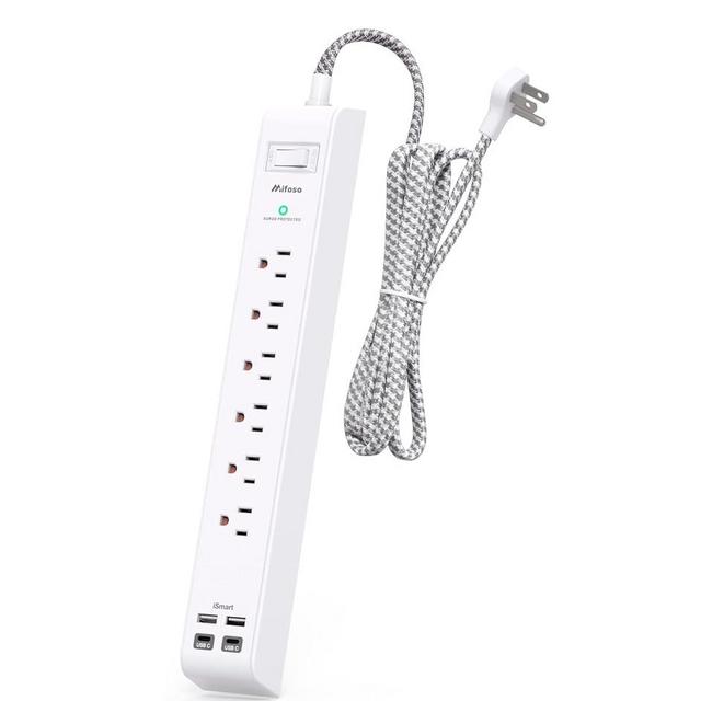 Surge Protector Power Strip - 6 Outlets 4 USB Charging Ports, 5Ft Braided Extension Cord, Flat Plug, Overload Protection, Wall Mount for Home Office, Dorm Room Essentials
