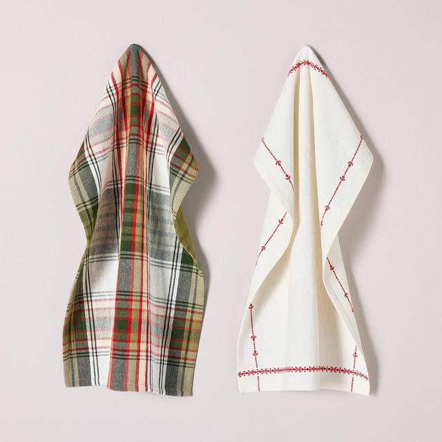 2ct Embroidered Border & Plaid Christmas Kitchen Towels Red/Cream/Green - Hearth & Hand™ with Magnolia