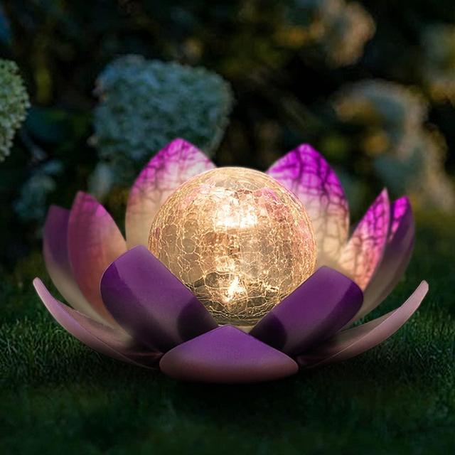HUAXU Solar Lights Outdoor Garden Decor,Purple Lotus Solar Light,Waterproof LED Crackle Globe Glass Flower Light for Garden,Patio,Yard,Porch,Pathway,Ground,Outdoor Tabletop
