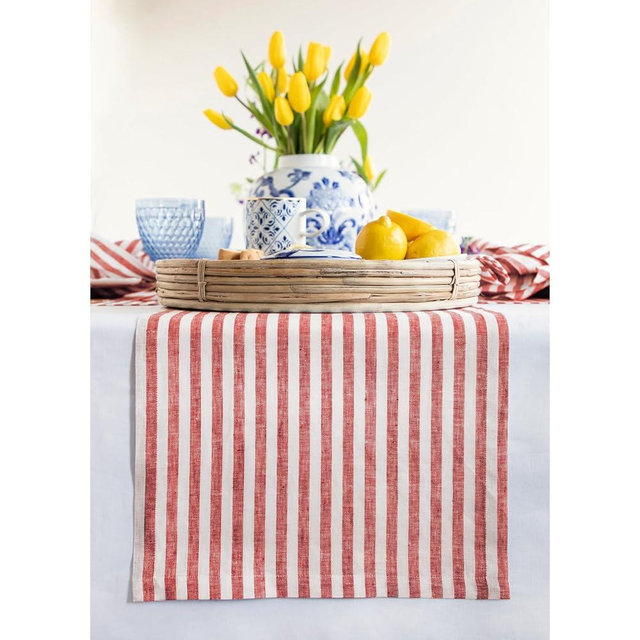 Solino Home Linen Table Runner 36 Inches - Amalfi Stripe 100% Pure Linen Red and White Farmhouse Table Runner 14 x 36 Inch Ideal for Dresser and Coffee Tables - Summer