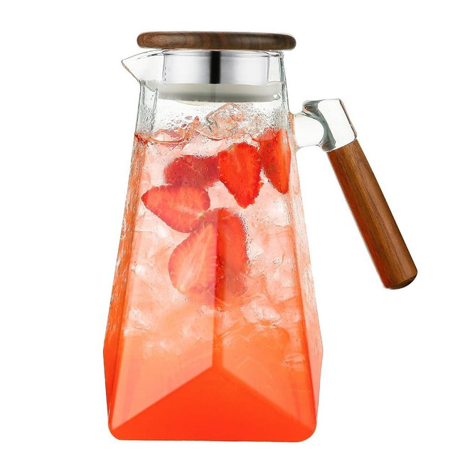 1.8L Glass Pitcher with Wooden Lid and Handle, Borosilicate Glass Water Pitcher with Lid for Water, Iced Tea, Juice, Lemonade and Cold Brew