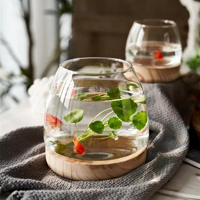 Hydroponic Glass Vase with Wood Support BaseRound Bubble Bowl Vase for Flowers Clear Hydroponic Fish Bowl Vase Creative Water Plant Vase Hydroponic Fish Tank for Centerpieces Home Office Decor(XL)