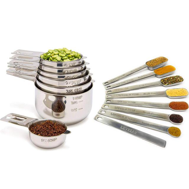 Simply Gourmet Measuring Cups and Spoons Set - Stainless Steel Measuring Cups Set for Cooking Baking, Set of 15.