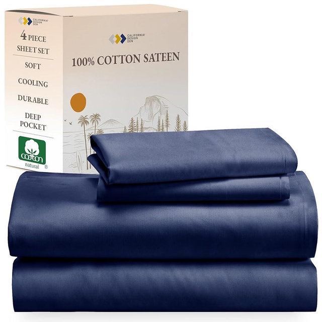 California Design Den Soft 100% Cotton Bedsheets Queen Size Bed, Queen Sheet Set with Sateen Weave, Cooling Sheets - Navy Blue