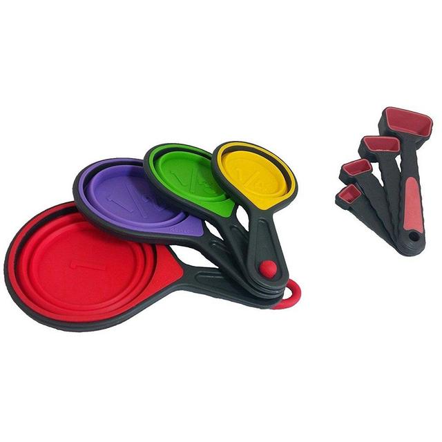 Collapsible Silicone Measuring Cups & Red Measuring Spoons 8 pc set