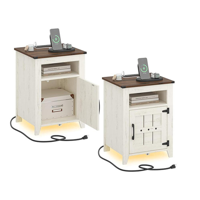 Hzuaneri Farmhouse Nightstand with Barn Door, Bedside Table with Charging Station and Light, Open Compartment Storage, End Table for Bedroom, Rustic White and Honey Brown, Set of 2, NS37814B