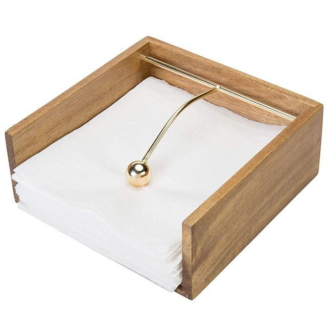 MyGift Premium Acacia Solid Wood Square Napkin Holder Dispenser with Brass Tone Weighted Arm