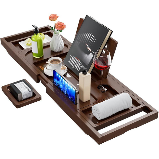 Yirilan Foldable Bamboo Bathtub Tray Caddy, Bathtub Tray, Can Place Wine Glasses, Books, Mobile Phones Multifunctional Bath Tub Tray, Suitable for Gifts in Various Festivals, Brown