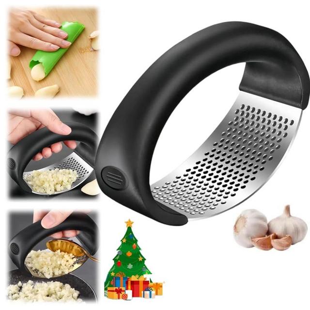 Garlic Press Rocker, 2025 New Garlic Mincer Garlic Press Rocker Crusher Masher with Garlic Peeling Drum, Stainless Steel Garlic Mincer Garlic Masher for Kitchen Gadgets (1, Black Pack)