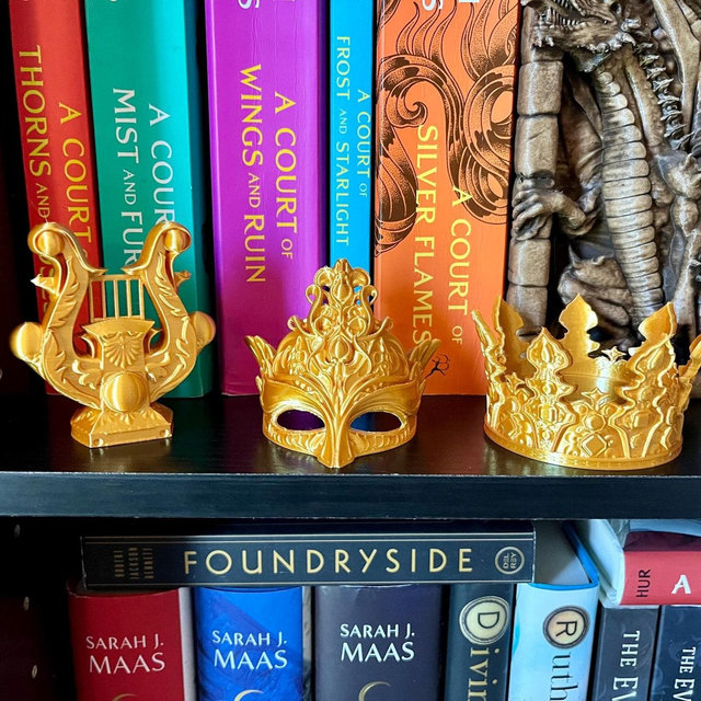 Golden Fae Trove Bookshelf Decor - Golden Harp, Mask, and Crown - Dread Trove ACOTAR Inspired 3D Printed Bookish Decor