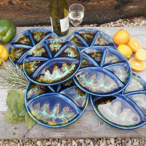 Set of Six French 'Fondue' Plates. Modern Mid-Century Majolica Glazed Ceramic from the 1970's. Hand Painted.