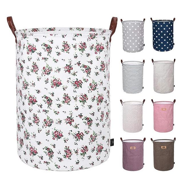 DOKEHOM 22-Inches Thickened X-Large Laundry Basket -(9 Colors)- with Durable Leather Handle, Drawstring Waterproof Round Cotton Linen Collapsible Storage Basket (Roses, XL)