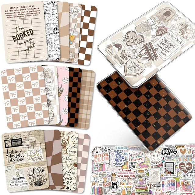 14PCS Inserts Cardstock for Kindle Paperwhite 11-12th and Kindle Colorsoft Signature Edition,50PCS Stickers & E-reader Inserts For Kindle Paperwhite Accessories For Kindle Clear Case 6.9"x4.8", Coffee