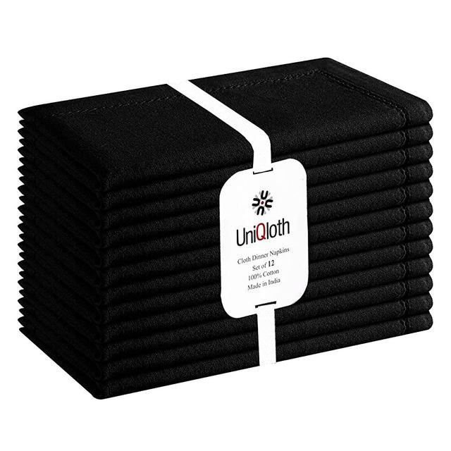 UniQloth Set of 12 Hemstitch Cloth Dinner Napkins Cotton - Soft Durable Washable Reusable - Ideal for Farmhouse Parties Weddings Holidays Hotel Restaurant Daily Use Table Dinner Napkins 18x18 Black