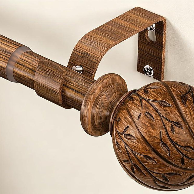 KVEEO Wood Curtain Rods for Windows 18 to 45 Inch, 1" Adjustable Heavy Duty Boho Drapery Rod Decorative Curtain Rods with Finials Rustic Window Treatment Rods for Kitchen Farmhouse Bedroom Patio