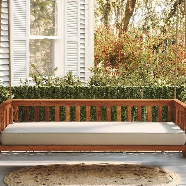 East Green Charleston Twin Outdoor Porch Swing Bed with Ropes - Acacia Wood Bed Swing in Natural Finish