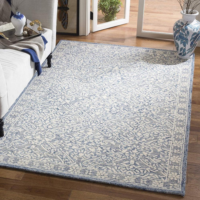 SAFAVIEH Micro-Loop Collection Area Rug - 5' x 8', Blue & Ivory, Handmade French Country Wool, Ideal for High Traffic Areas in Living Room, Bedroom (MLP510M)