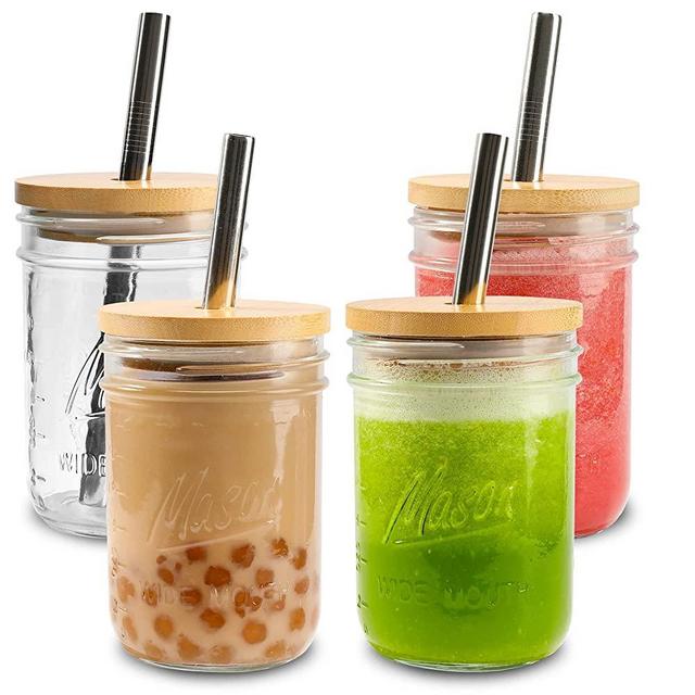Glass Mason Jars 16oz Wide Mouth Smoothie Cups 4 Pack Reusable Boba Tea Cups with Bamboo Lids and Silver Straws, Drinking Glass Bubble Tea Cups for Iced Coffee Travel Bottle