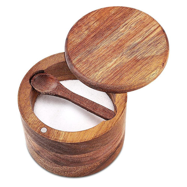 RAETTER.LY Acacia Wood Salt and Pepper Bowl, Nature Wood Salt Cellar and Spices Storage Box With Built-in Spoon and Magnetic Swivel Lid (Single Compartment)