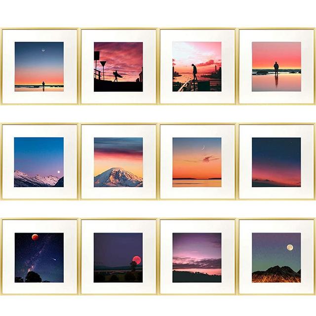 Golden State Art, Gold Aluminum Metal Wall Photo Frame Collection with Ivory Color Mat for Picture & Real Glass (12x12 Frame, 12-Pack)