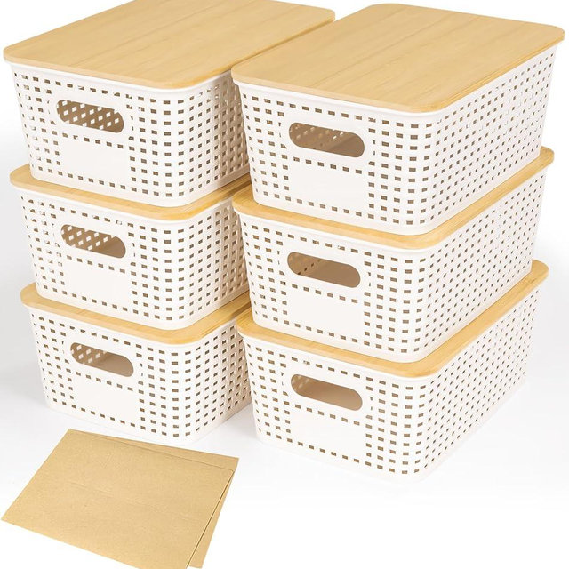 6 Pack Plastic Storage Baskets With Bamboo Lid, Stackable Storage Baskets for Organizing Desktop Closet Shelves Drawers Pantry Organization Office Playroom Classroom