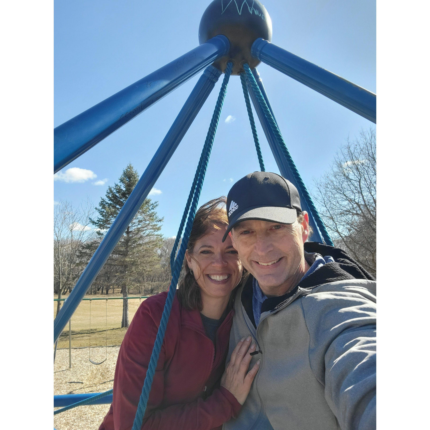 March 15, 2024. Celebrating Jim's birthday in Dundas, Minnesota. Nick told me, "playgrounds are for kids." And 50 somethings dating. :-)