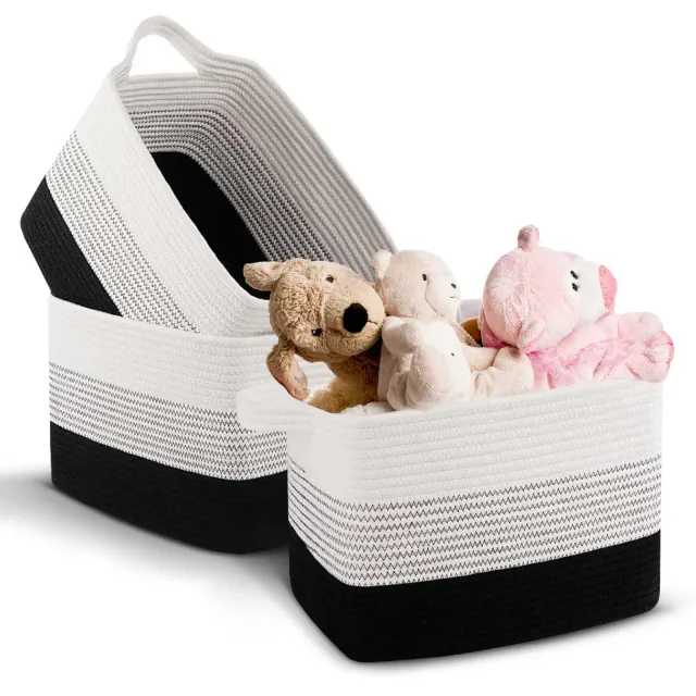 Cheer Collection Cotton Rope Storage Baskets – Set of 3 Durable Woven Bins for Laundry, Toys, Towels in Black for Home Organizing